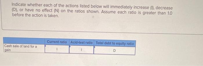 (1), decrease (D), or have no effect (N) on the ratios shown.