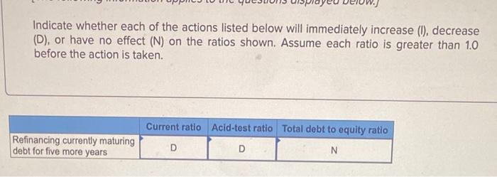 below will immediately increase (I), decrease (D), or have no effect (N)