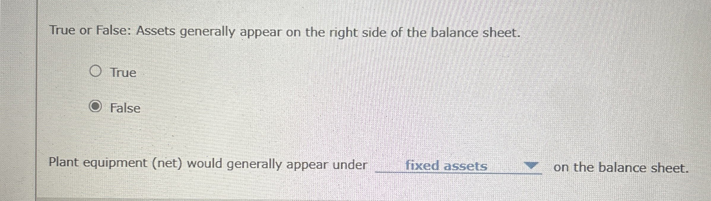  True or False: Assets generally appear on the right side of