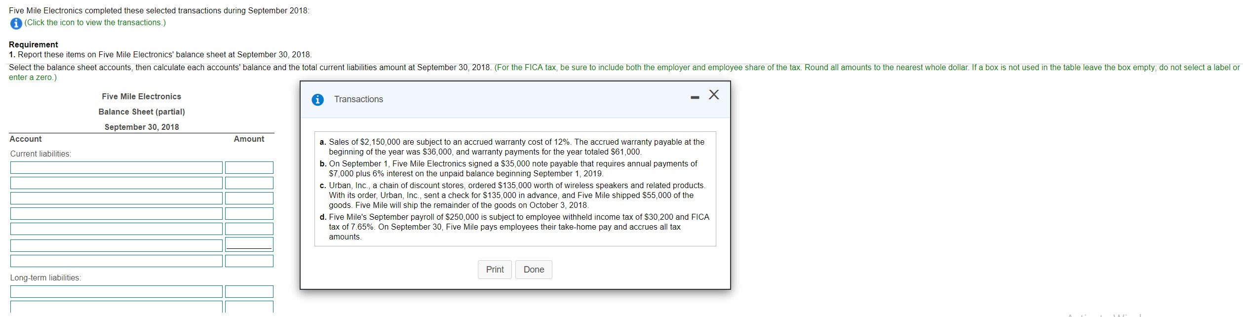  Five Mile Electronics completed these selected transactions during September 2018 i