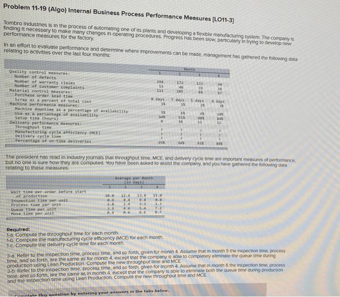  Problem 11-19 (Algo) Internal Business Process Performance Measures (LO11-3] Tombro Industries