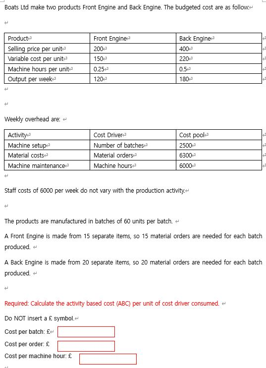  Boats Ltd make two products Front Engine and Back Engine. The