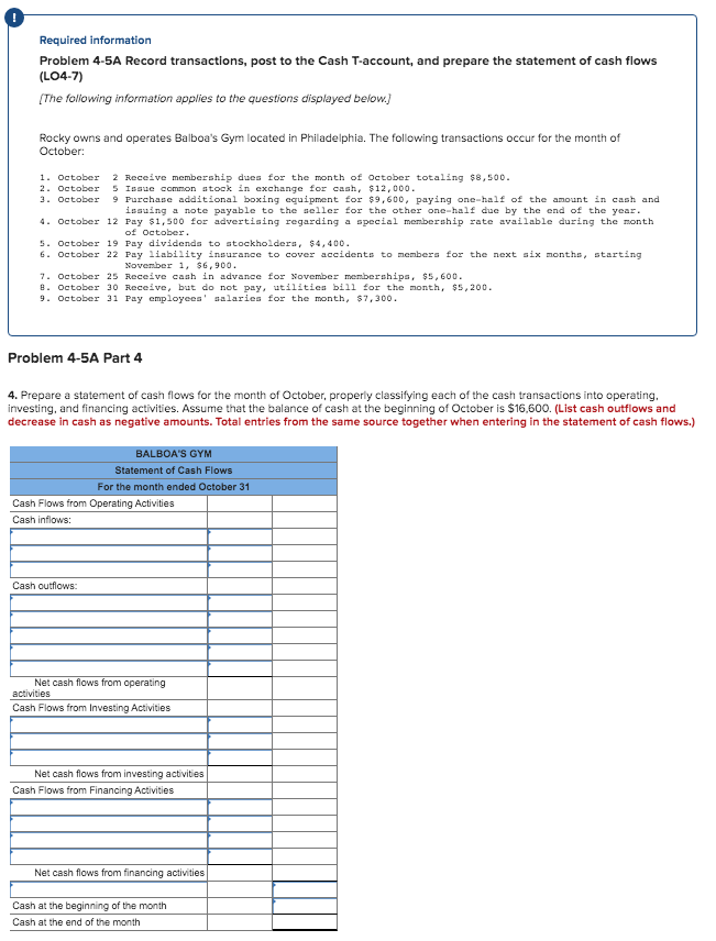  Required information Problem 4-5A Record transactions, post to the Cash T-account,