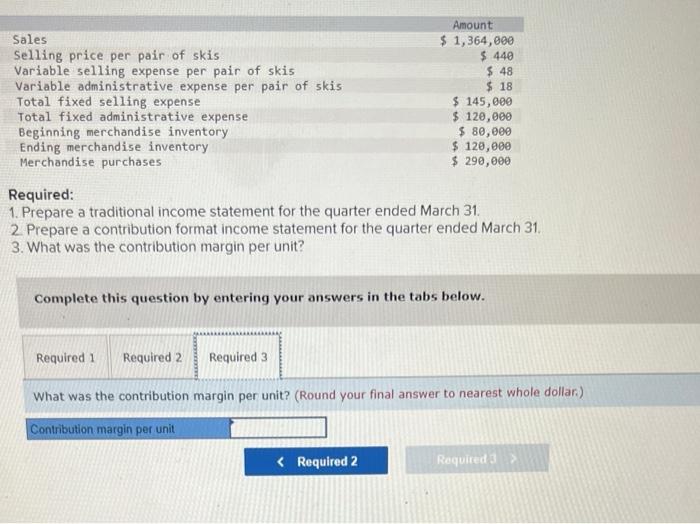 The company assembled the information shown below for the quarter ended March