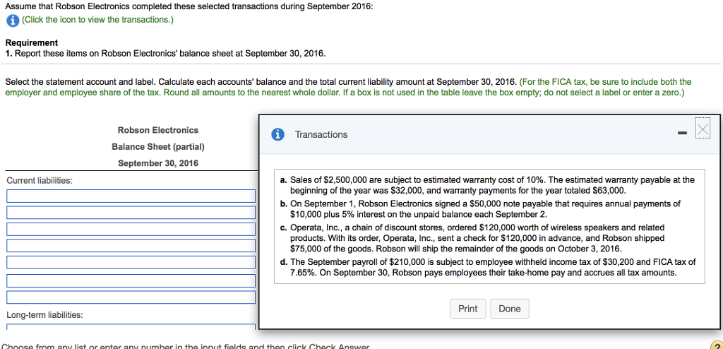 Assume that Robson Electronics completed these selected transactions during September 2016: