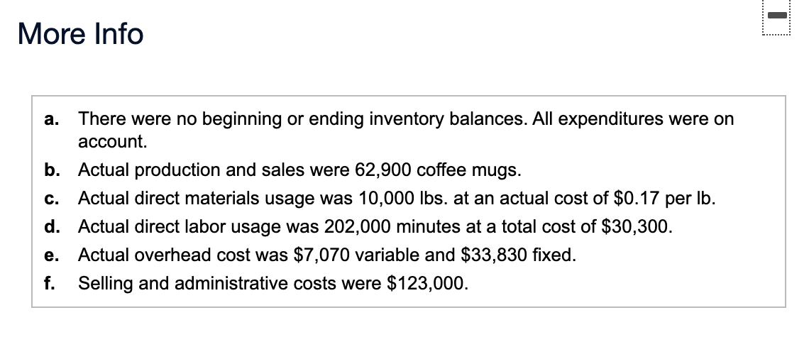 per lb) Direct Labor (3 minutes @ $0.13 per minute) Manufacturing Overhead:
