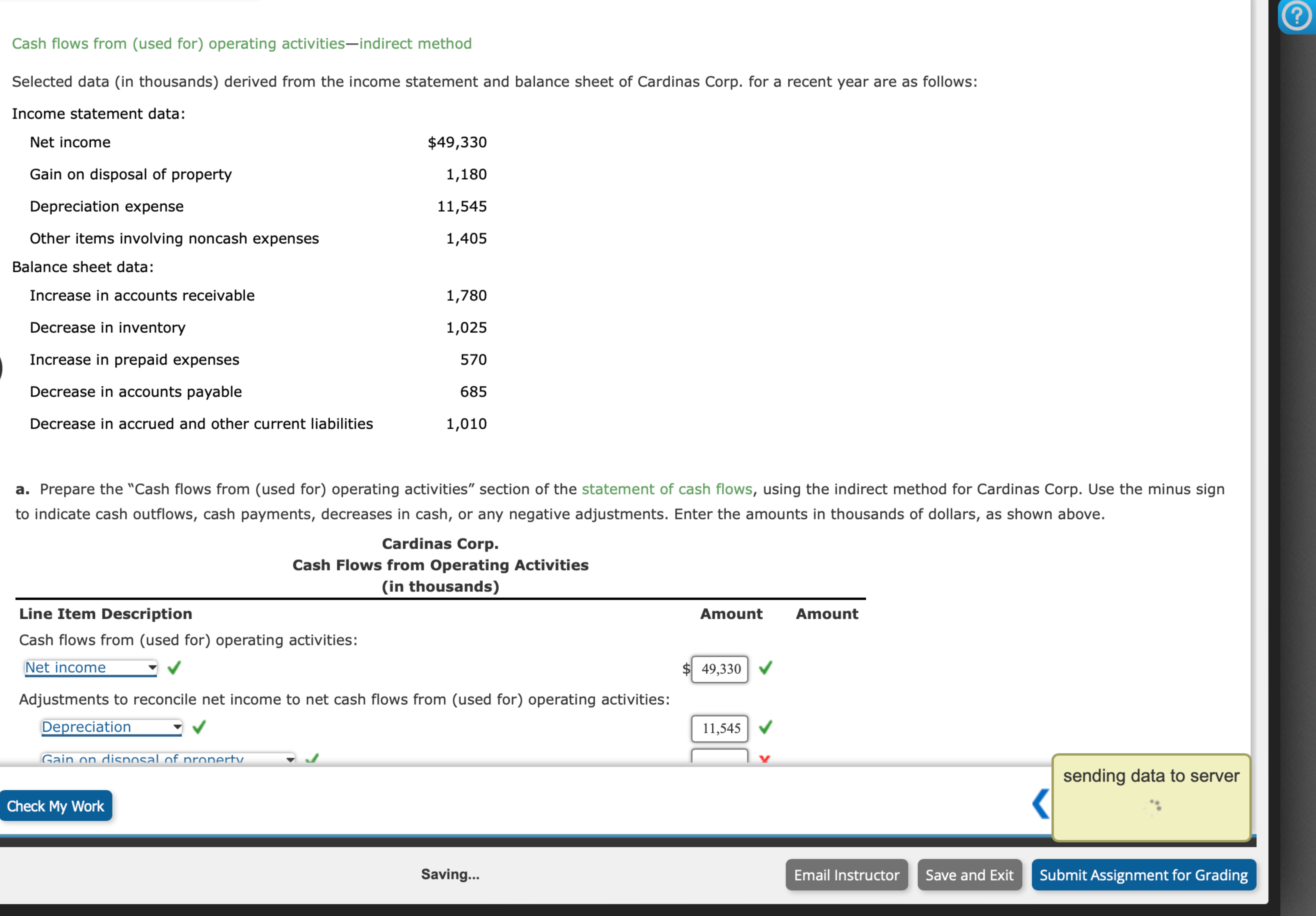  Cash Flows from Operating ActivitiesIndirect MethodSelected data (in thousands) derived from