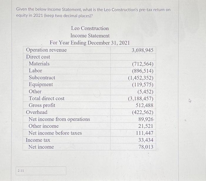  Given the below income Statement, what is the Leo Construction's pre-tax
