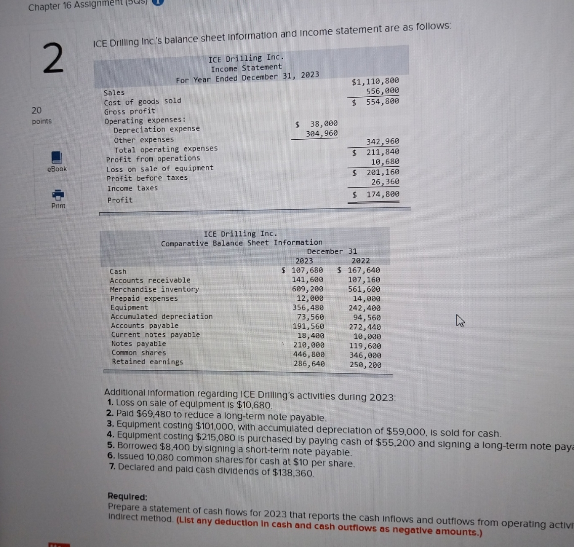  Chapter 16 Assignment (5s) \table[[,Comparative Balance Sheet Information,December 31],[,,2023,,2022],[Cash,$,107,680,$,167,640],[Accounts receivable,,141,600,,107,160],[Merchandise inventory,,609,200,,561,600],[Prepaid