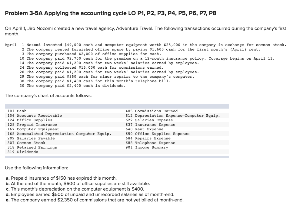  Problem 3-5A Applying the accounting cycle LO P1, P2, P3, P4,