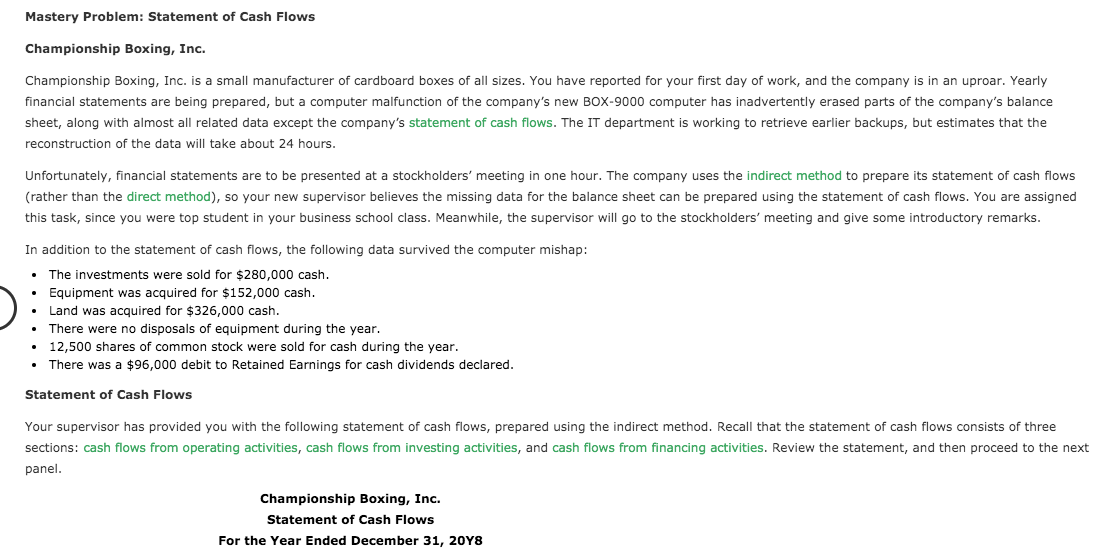 Part A) Part B) Mastery Problem: Statement of Cash Flows Championship Boxing,