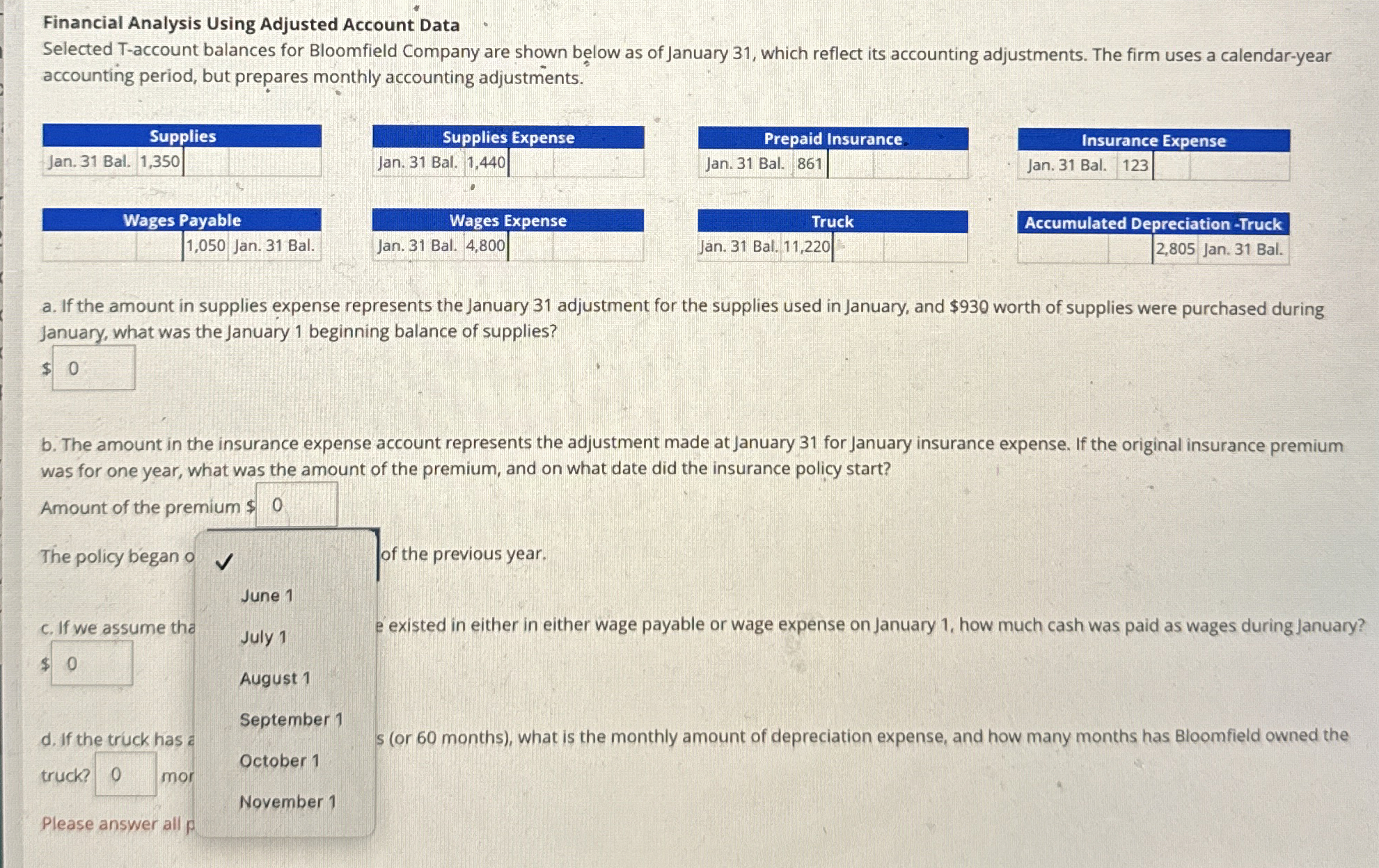  Financial Analysis Using Adjusted Account Data Selected T-account balances for Bloomfield