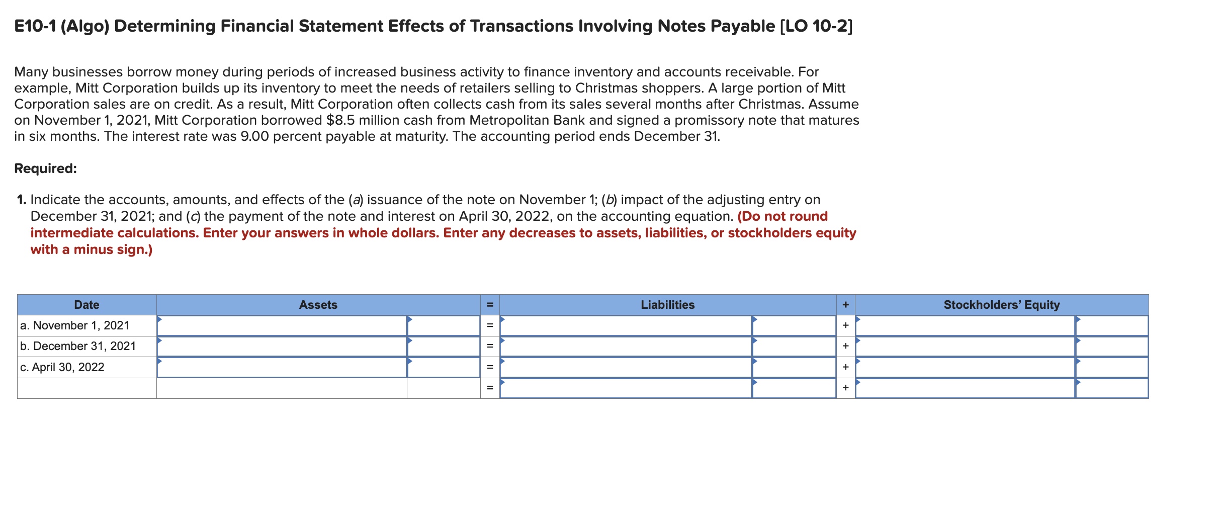  E10-1(Algo) Determining Financial Statement Effects of Transactions Involving Notes Payable [LO