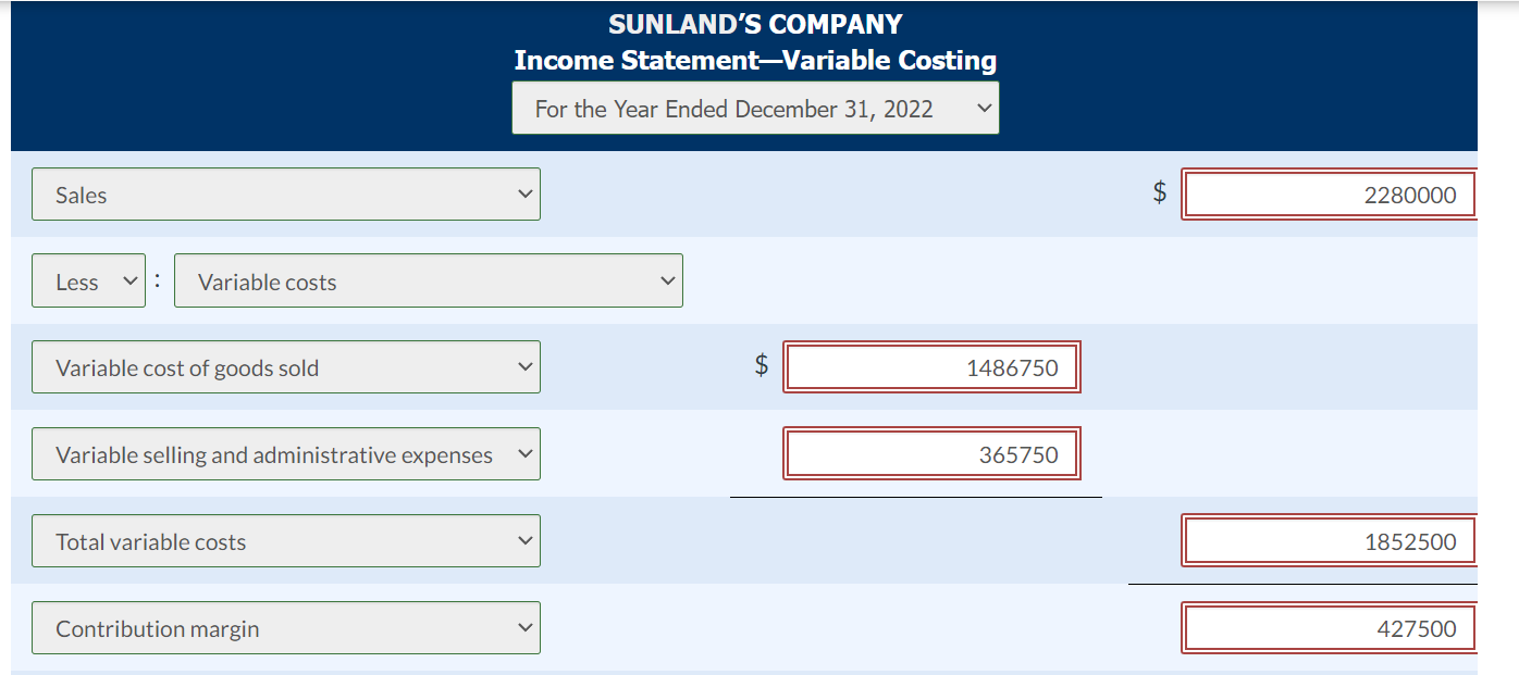 of operations, 2022, the company incurred the following costs: Sunland's Company sells