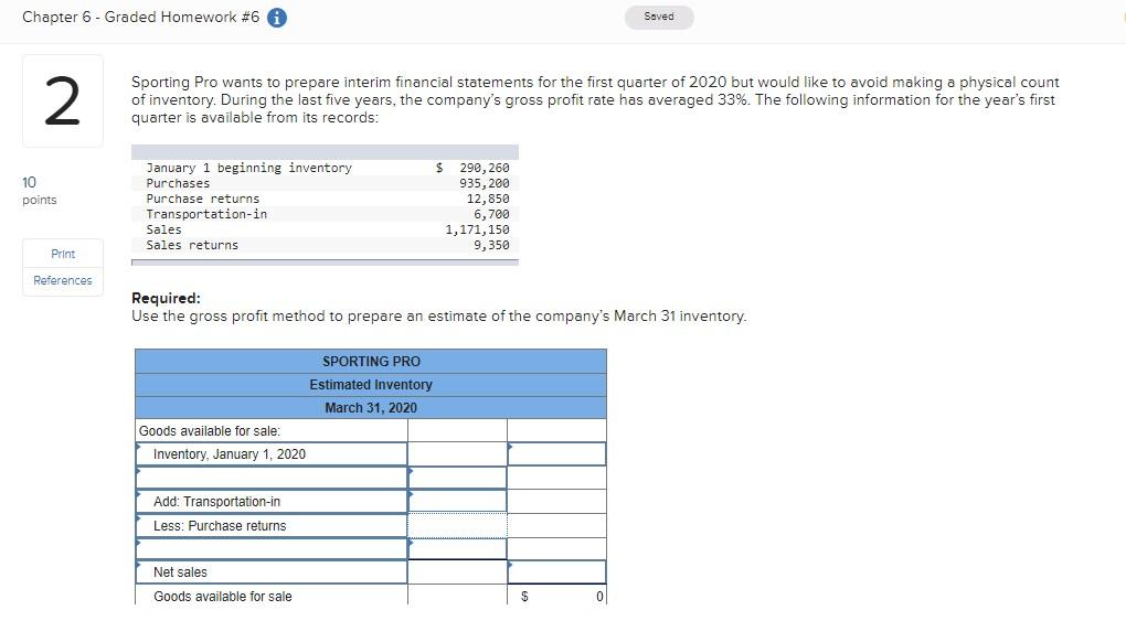  Chapter 6 - Graded Homework #6 Saved 2 Sporting Pro wants