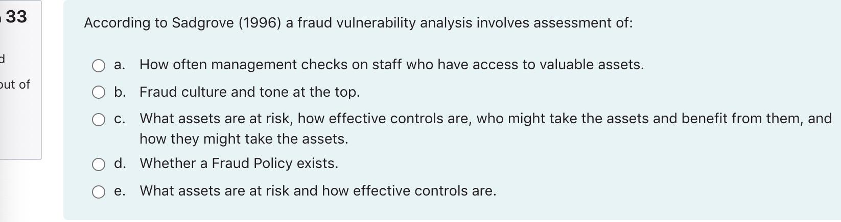  33 According to Sadgrove (1996) a fraud vulnerability analysis involves assessment