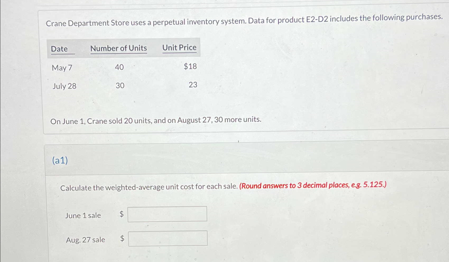  Crane Department Store uses a perpetual inventory system. Data for product