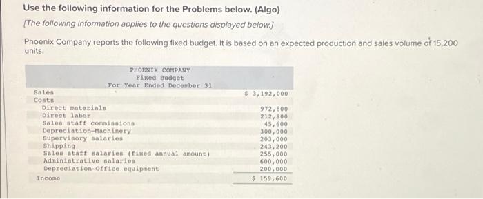 please help! Use the following information for the Problems below. (Algo) [The
