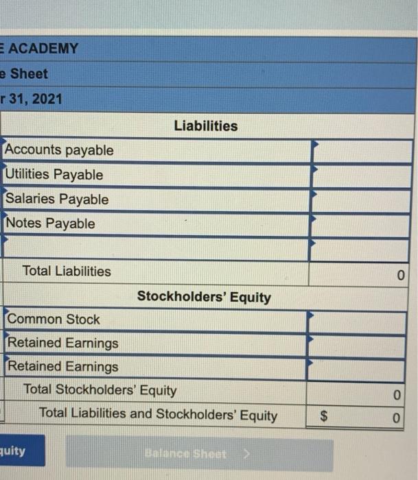  PLESE FULLY COMPLETE. Please comeplte Liabilities and SH Equity. E ACADEMY