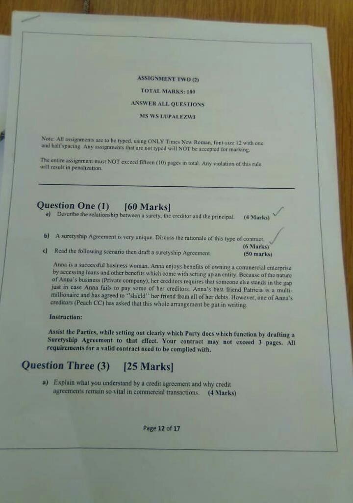  Please answer question 1 c ASSIGNMENT TWO (2) TOTAL MARKS: 100