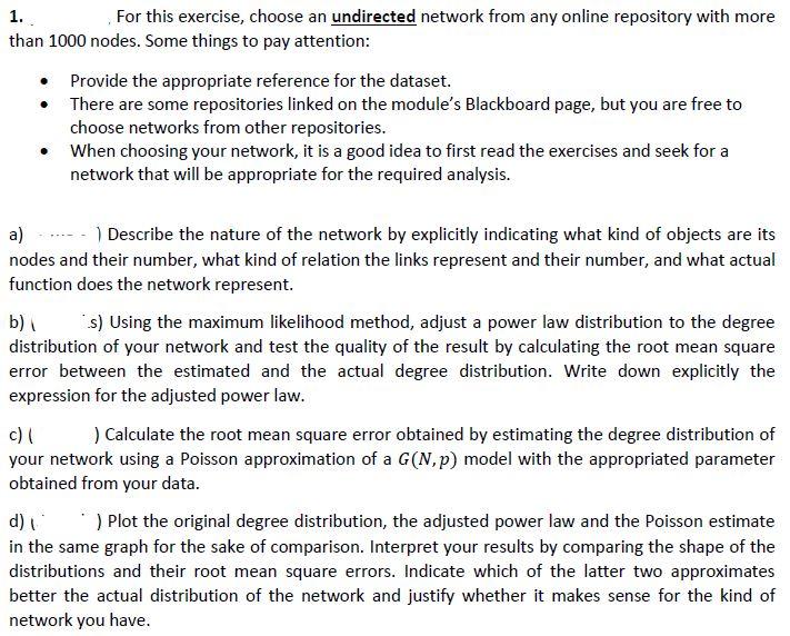 1. For this exercise, choose an undirected network from any online