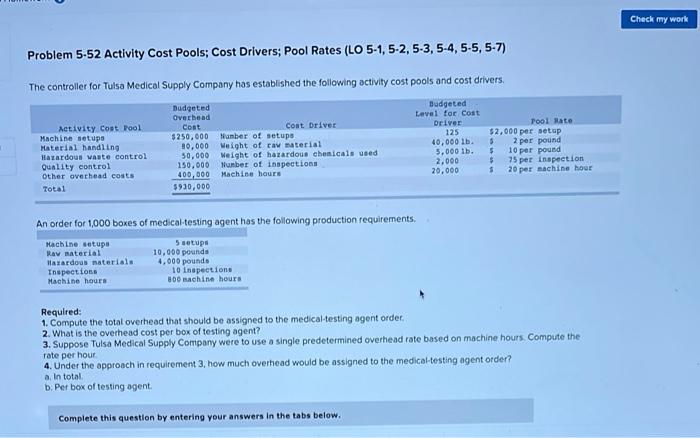  Check my work Problem 5-52 Activity Cost Pools; Cost Drivers; Pool