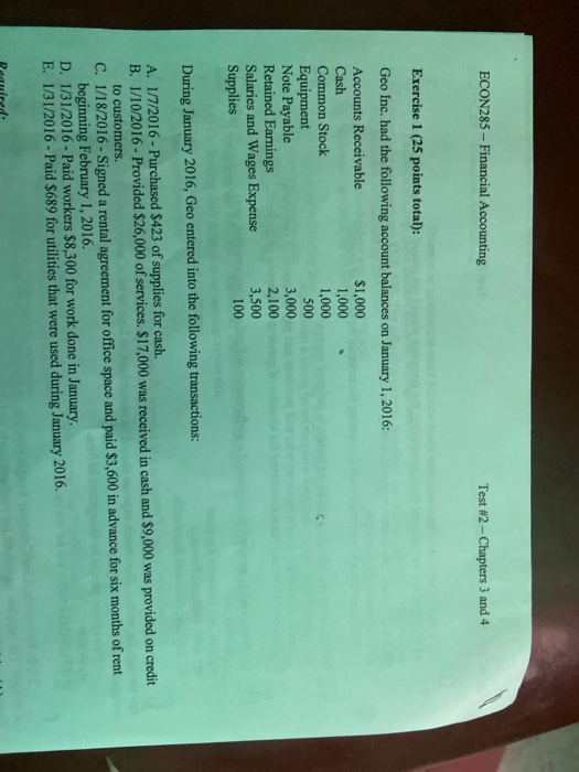 Geo Inc. had the following account balances on January 1, 2016: Accounts