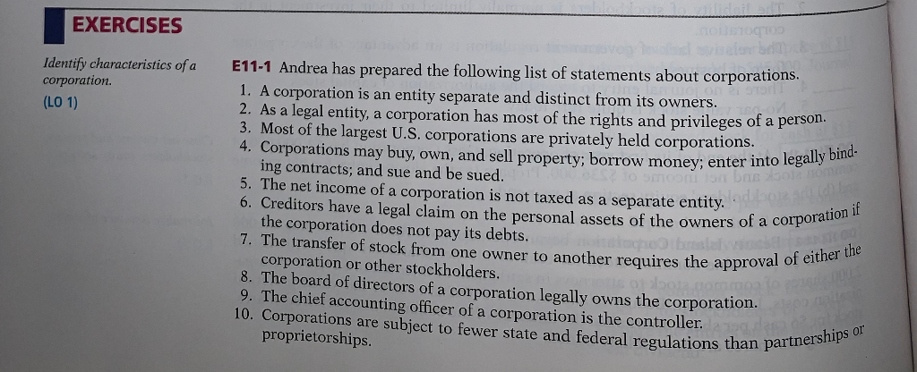 false, indicate how to correct the statement. ET EXERCISES Identify characteristics of