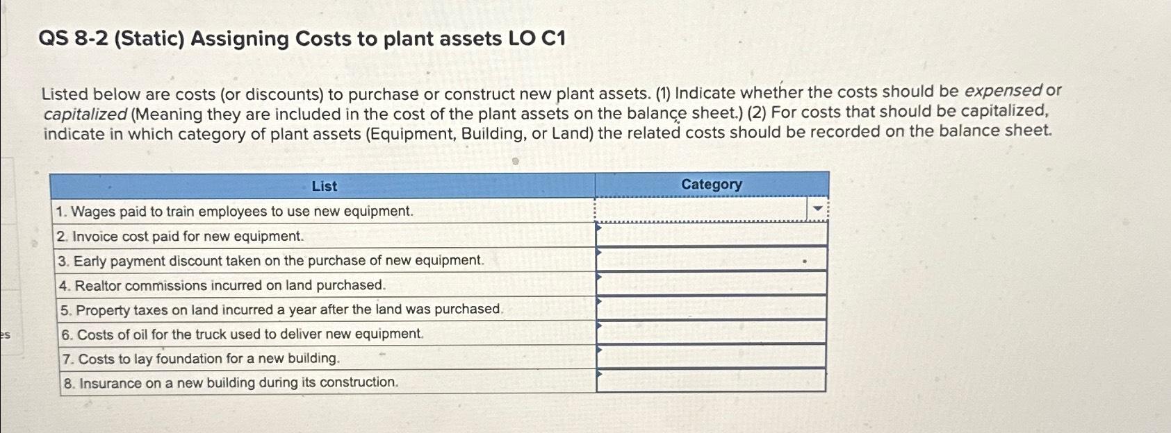  QS 8-2(Static) Assigning Costs to plant assets LO C1 Listed below