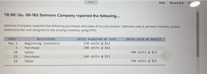  Saved Help Save & Exit TB MC Qu. 06-162 Salmone Company