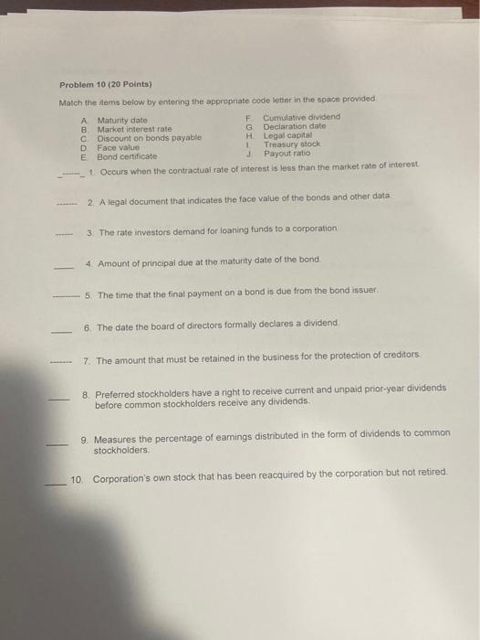  please make sure all is correct Problem 10 (20 Points) Match