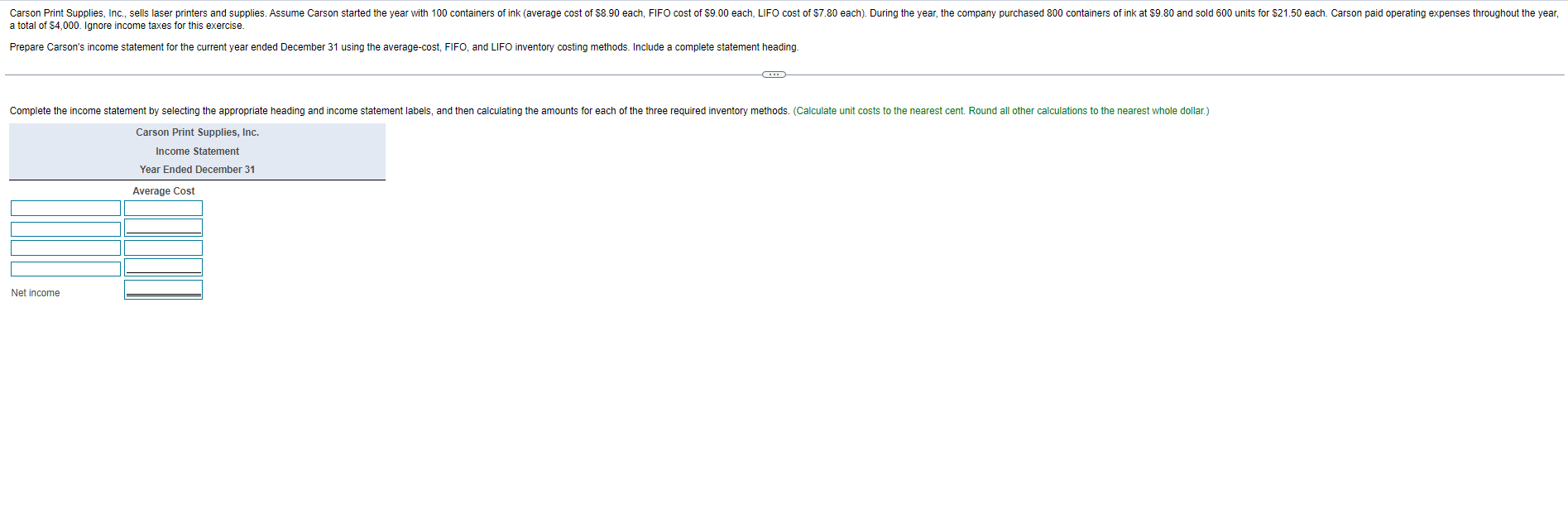 I(Include FIFO / LIFO same chart as Average Cost) Carson Print Supplies,
