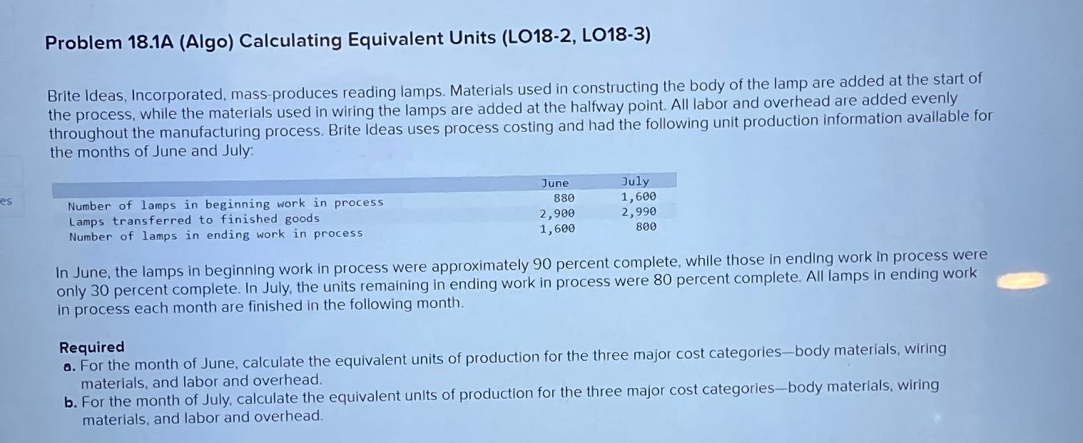  Problem 18.1A (Algo) Calculating Equivalent Units (LO18-2, LO18-3) Brite Ideas, Incorporated,