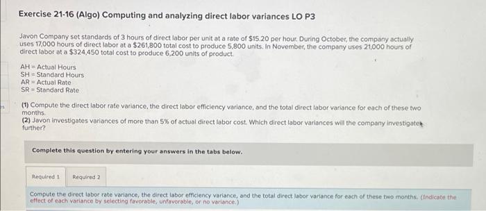 please help! Exercise 21-16 (Algo) Computing and analyzing direct labor variances LO
