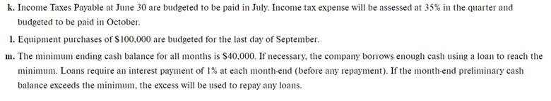 \$95,855; August, \$140,200 11. Budgeted income statement for entire quarter (not monthly).