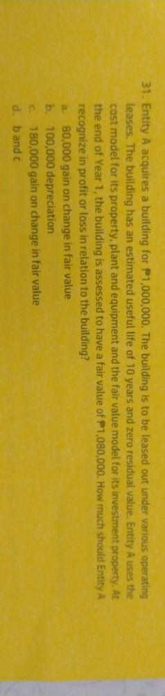  31. Entity A acquires a building for P1,000,000. The building is