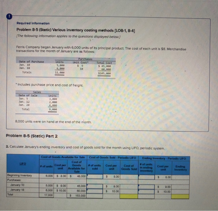  Required Information Problem 8-5 (Static) Various inventory costing methods [LO8-1,8-4) [The