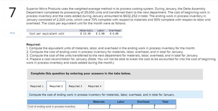costing system. During January, the Delta Assembly Department completed its processing of