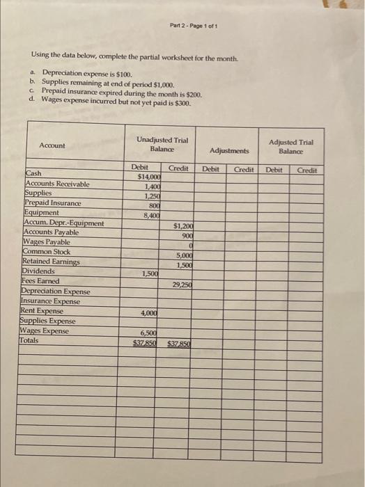  Using the data below, complete the partial worksheet for the month.