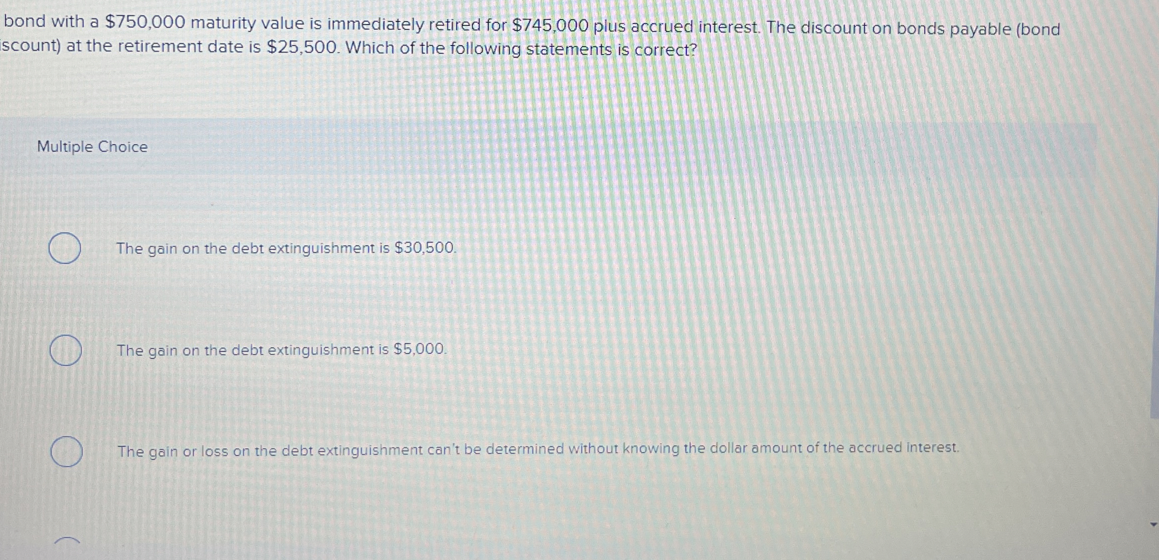  bond with a $750,000 maturity value is immediately retired for $745,000