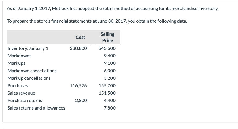 conventional retail method of accounting for inventories. (Round ratios for computational purposes