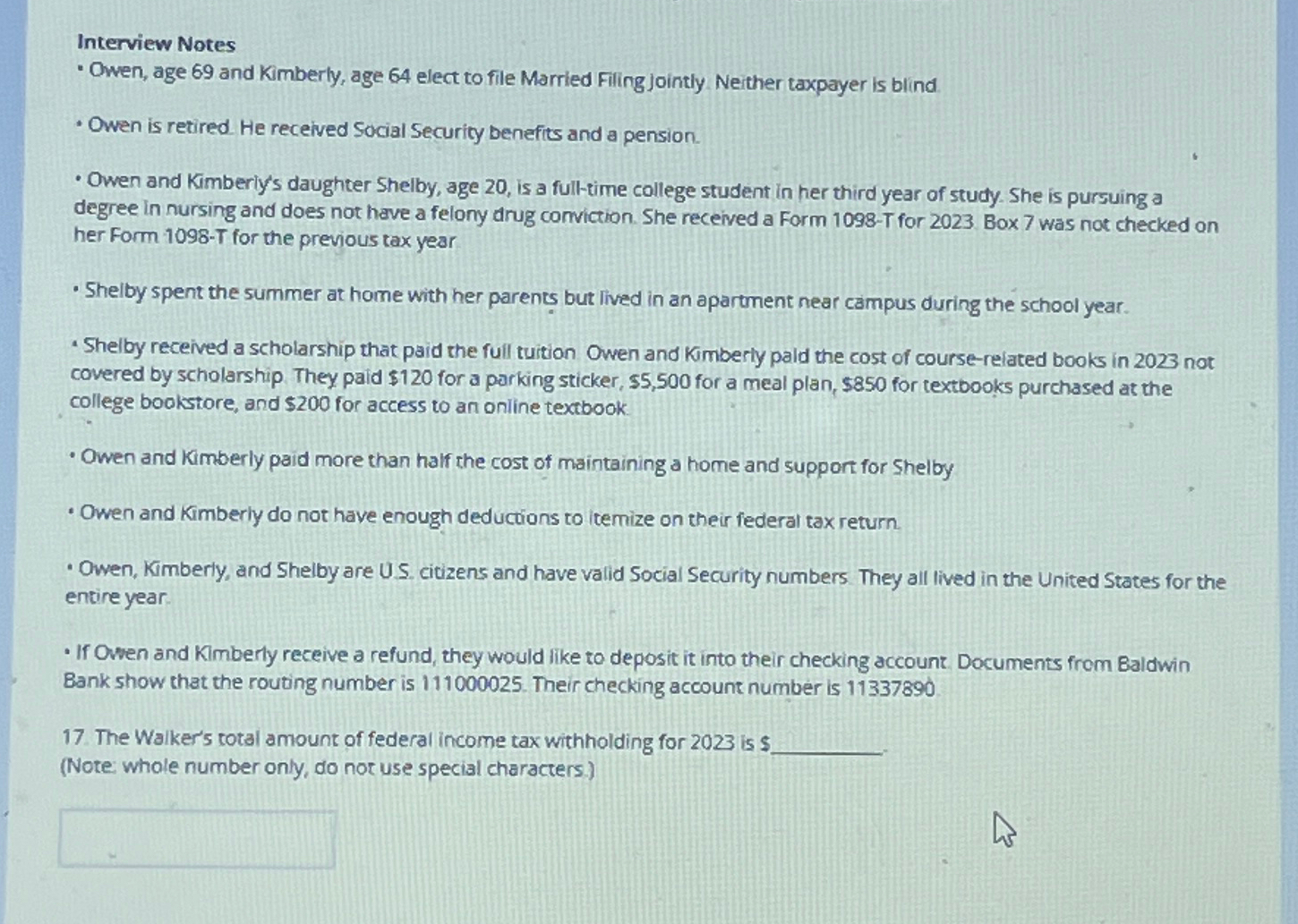  Interview Notes Owen, age 69 and Kimberly, age 64 elect to