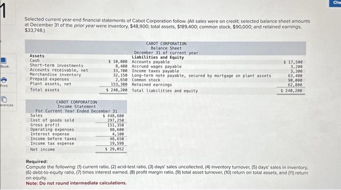  please answer all required forms. Selected current year-end financial statements of