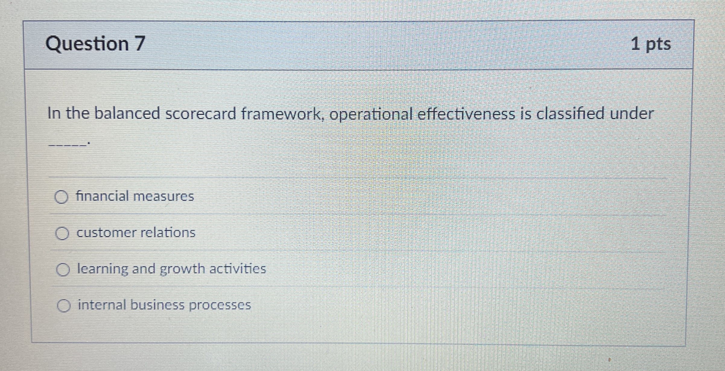  Question 7 In the balanced scorecard framework, operational effectiveness is classified