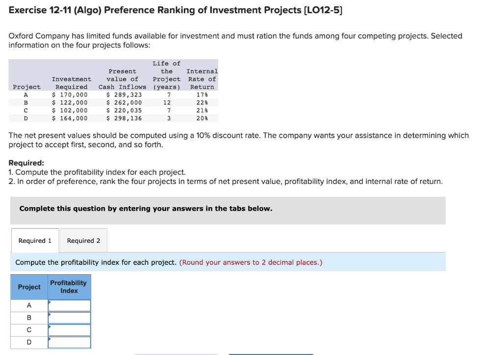 Please answer with clear handwriting Exercise 12-11 (Algo) Preference Ranking of Investment
