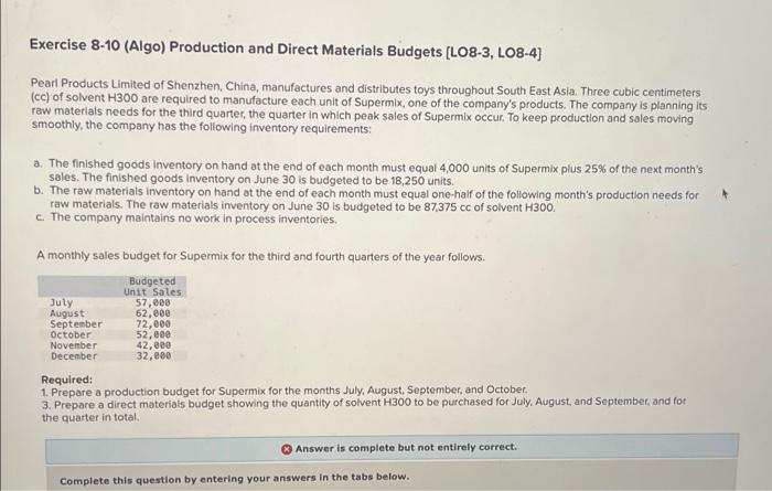 I am confused why these amounts are wrong Exercise 8-10 (Algo) Production
