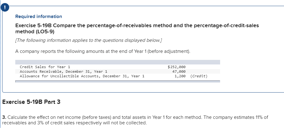 Required information Exercise 5-19B Compare the percentage-of-receivables method and the percentage-of-credit-sales