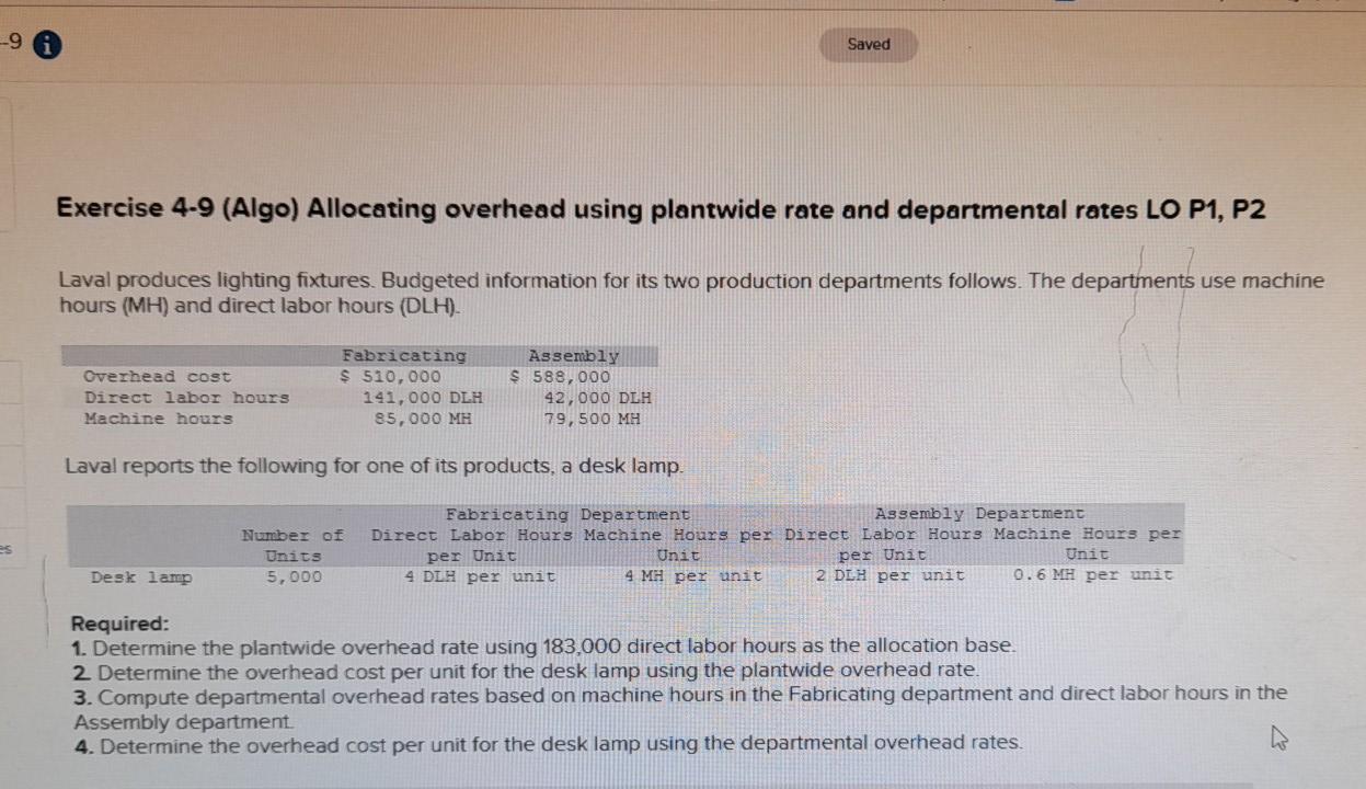 Saved Exercise 4.9 (Algo) Allocating overhead using plantwide rate and departmental