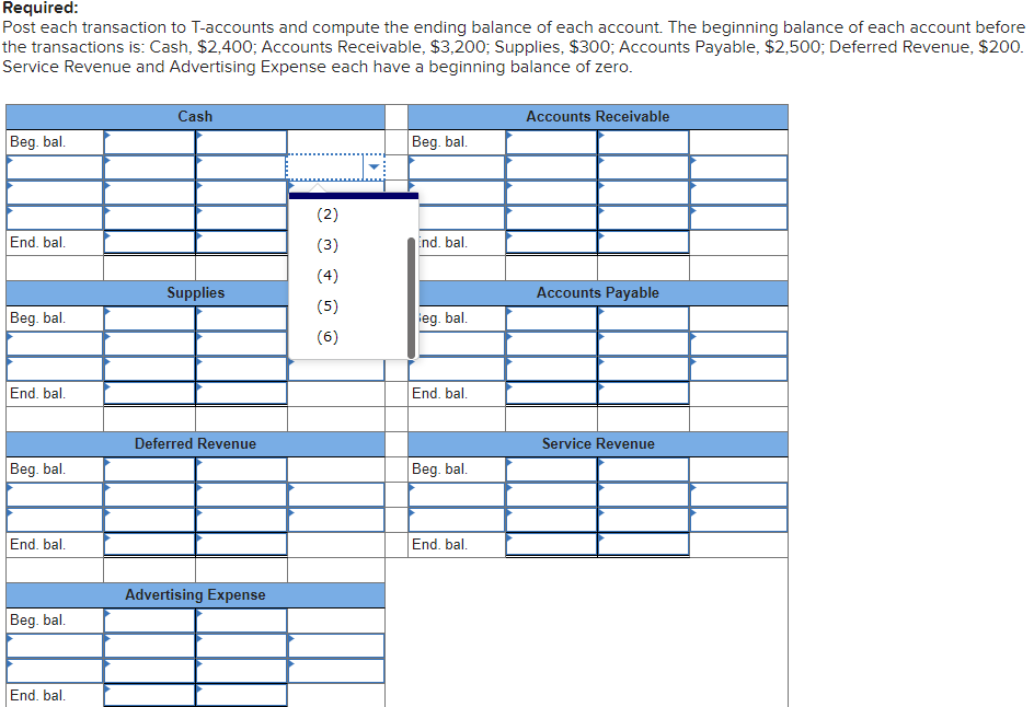 1. Accounts Receivable Service Revenue 7,400 1,800 2. Supplies Accounts Payable 1,800
