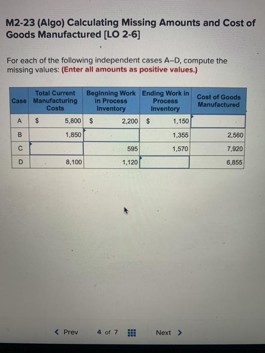 please help , thank you M2-23 (Algo) Calculating Missing Amounts and Cost